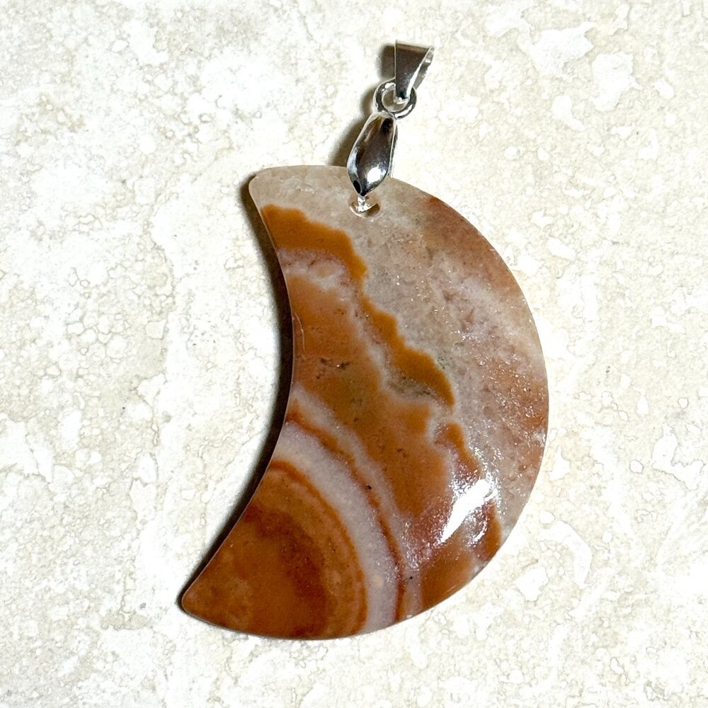 Genuine Orange Banded Agate Pendant,Large Natural Gemstone Crescent Moon Pendant